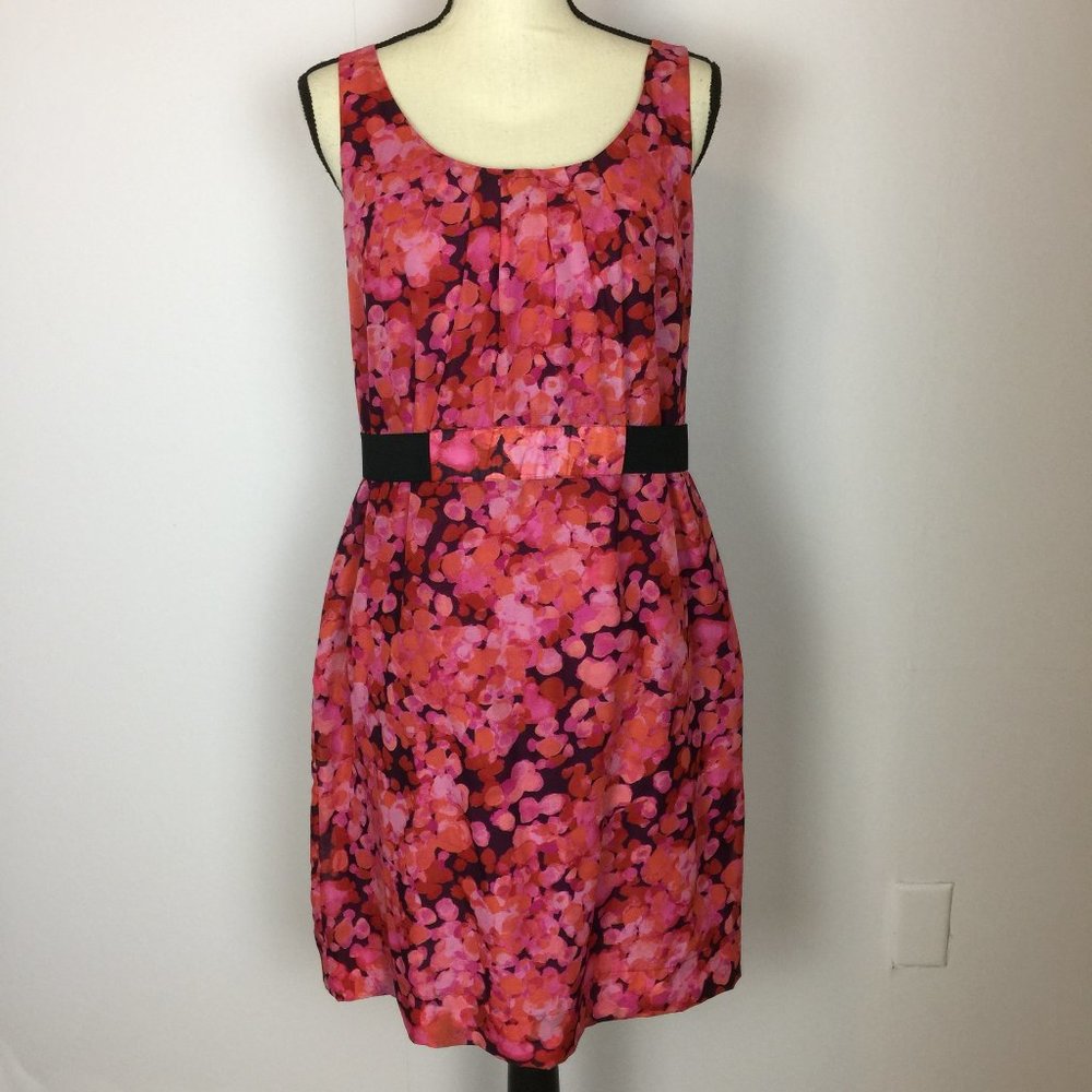 Ann Taylor Loft Sz 8 Pink Dots Sleeveless Dress Elastic Belt Pleated Pocket